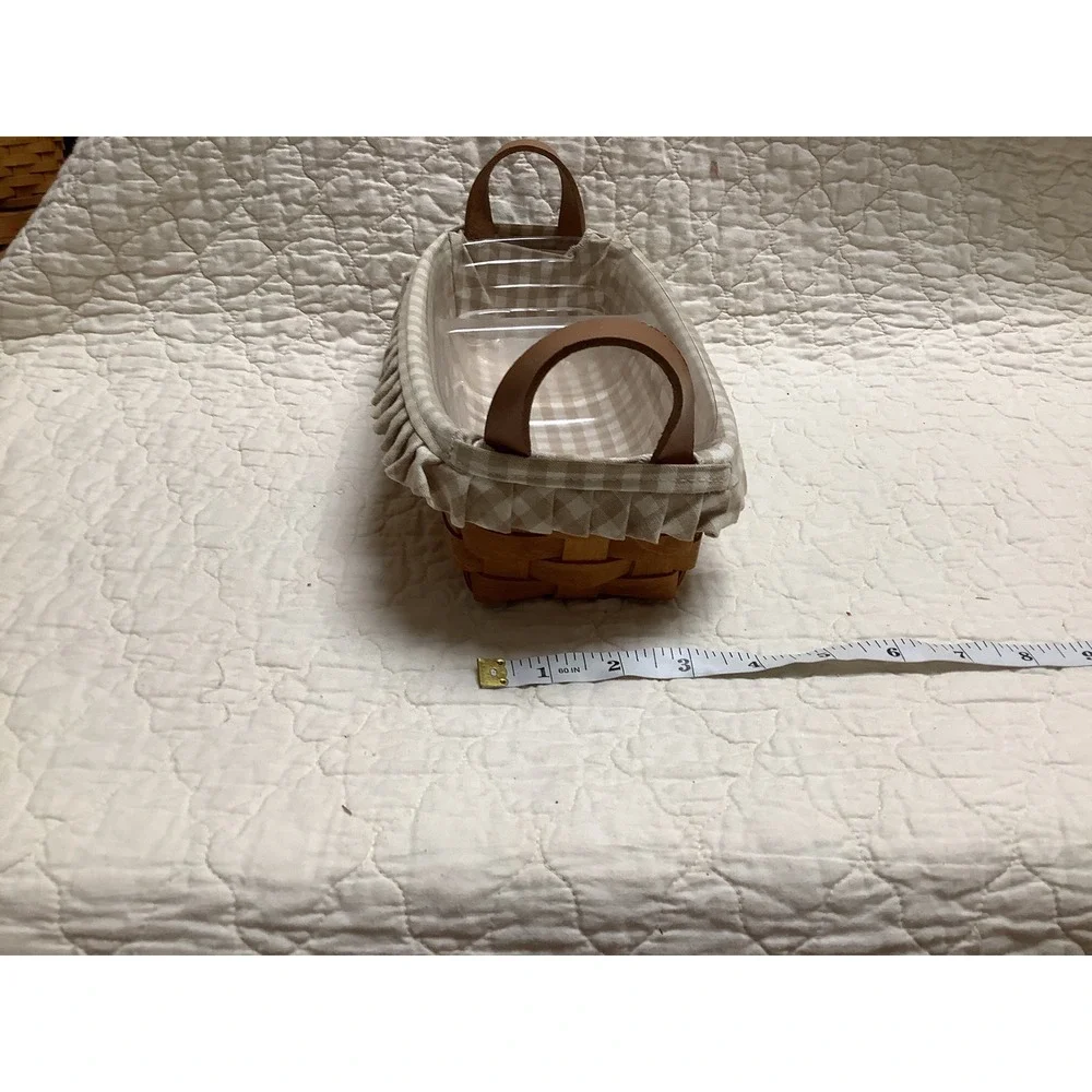 Longaberger Woven Basket with Gingham Liner Plastic Protector Leather Handles